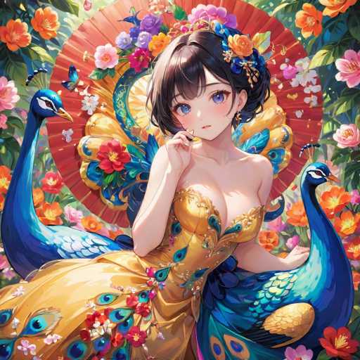 The image depicts a woman with long dark hair wearing a gold dress adorned with peacock feathers and flowers. She is holding an umbrella and surrounded by various colorful flowers and butterflies. The background features a garden filled with red and orange flowers.