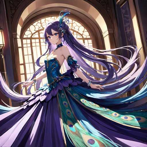 The image features a striking anime-style female character with long, flowing purple hair that cascades down her back and extends to the left side of the frame. Her hair is adorned with a blue feather at the top, adding a touch of elegance to her appearance. She has large, expressive blue eyes and is dressed in a flowing purple gown that appears to be made of silk. The dress is intricately designed with peacock feathers, particularly noticeable on the right side, where the feathers display a vibrant mix of green, blue, and purple hues. The character is positioned in front of a large, ornate window that resembles a church window, with intricate designs and a brown frame. The window is divided into two sections: the upper part is arched, while the lower part is rectangular. The scene is set in a grand, castle-like room, adding to the overall majestic and regal atmosphere of the image.