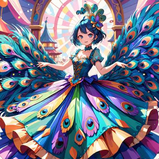 This vibrant and detailed illustration features an anime-style girl with striking blue eyes and short blue hair. She is adorned with a blue bow tie and a matching blue dress that flares out at the bottom, embellished with a purple bow and an array of colorful feathers in shades of blue, orange, green, and purple. Her dress is further accentuated by a peacock feather design that extends from her waist to her skirt, adding a touch of elegance and fantasy.

The girl's arms are outstretched to her sides, and she stands in front of a large, ornate archway that is intricately designed with a circular pattern of rainbow colors. The archway, which features a sunburst design, is framed by a purple border and flanked by two columns. The background reveals a whimsical setting, possibly a carnival or circus, with a blue-roofed building and a colorful tent visible to the left. The scene is bathed in a spectrum of colors, including pink, blue, yellow, and purple, enhancing the magical and festive atmosphere of the illustration.