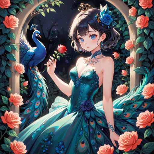 The image depicts a young anime girl with striking blue eyes and short black hair adorned with a blue flower. She is dressed in an elegant, strapless blue dress that features a deep V-neckline and a voluminous skirt. The dress is embellished with intricate blue and purple floral patterns, and a prominent purple flower graces the waistband. The girl's right hand is raised, holding a delicate red rose, while her left hand rests gently on her dress. 

Perched on her right shoulder is a majestic blue peacock, its head turned to the left, showcasing its vibrant plumage. The peacock's tail feathers cascade down the left side of her body, adding to the ethereal quality of the scene. 

The background is a dark, starry night sky, creating a dramatic contrast with the illuminated foreground. Surrounding the girl is a wooden archway, intricately decorated with lush green vines and red roses, which frame her elegantly. The overall composition exudes a sense of enchantment and fantasy, with the detailed elements harmonizing beautifully to create a captivating visual narrative.