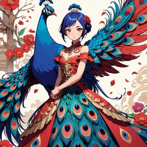A young girl with blue hair and a red dress stands next to a peacock with blue feathers on her tail. The peacock is adorned with a gold necklace and a flower in its beak. The background features a white wall decorated with pink flowers and leaves.