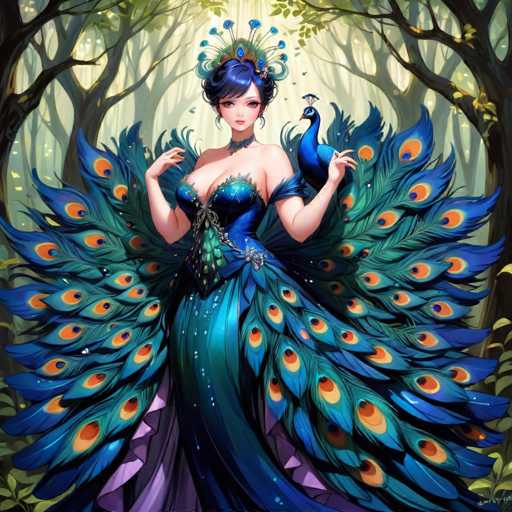 The image depicts a highly detailed, computer-generated illustration of a woman in a striking peacock-inspired dress. The dress is a stunning combination of blue and green hues, adorned with intricate peacock feathers that fan out dramatically from her waist, creating a peacock-like tail effect. The dress features a corset top with blue straps that drape elegantly over her shoulders, and a purple underdress that adds depth to her attire. Her hair is styled in an elaborate updo, colored a vibrant blue, and she wears an ornate headdress that resembles a peacock's tail, complete with blue feathers and a central blue jewel. The woman's face is distinctly Asian, with large eyes and a small nose, and she has a choker necklace around her neck. She stands in a serene forest setting, surrounded by tall trees with sparse green leaves, and a blue peacock perches gracefully on her left arm. The overall scene is rich in detail, with the woman's dress and the peacock feathers being the most prominent features, creating a captivating and ethereal atmosphere.