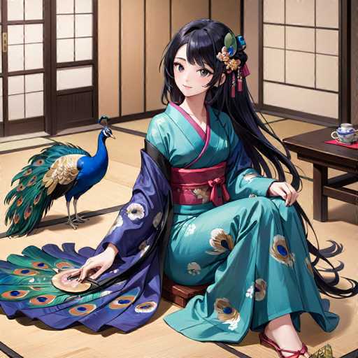 A young girl with long dark hair is sitting on a wooden floor wearing a blue and white kimono adorned with peacock feathers. A large peacock stands nearby, its vibrant plumage contrasting against the brown wall behind it. The room features traditional Japanese elements such as sliding doors and a low table covered in a red tablecloth.