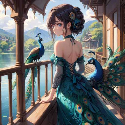 This detailed illustration depicts an anime-style girl with long brown hair adorned with a blue and yellow flower. She is wearing a striking green dress that features a low-cut back, a lace-up corset, and long sleeves that extend to her elbows. The dress is intricately designed with green feathers and blue accents, and it has a flowing tail that extends to the right. Perched on the wooden railing beside her are two blue peacocks, each with elaborate tail feathers and distinctive blue plumes on their heads. The girl stands on a wooden balcony, gazing out over a serene lake that reflects the surrounding landscape. In the background, there are green trees, a mountain range, and a traditional Japanese-style building with a curved roof. The sky above is a clear blue with scattered white clouds, adding to the tranquil atmosphere of the scene.