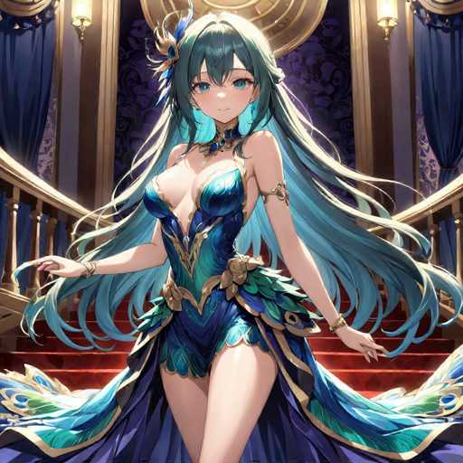 This image features a striking anime-style female character with long, flowing hair that transitions from dark green at the top to a lighter green at the bottom. Her hair cascades down her back, adding a dynamic element to her appearance. She has large, expressive blue eyes and is adorned with a delicate flower in her hair, enhancing her ethereal look.

The character is dressed in a revealing blue outfit that accentuates her figure. The dress is low-cut, showcasing her cleavage, and features a short skirt that reveals her legs. The back of the dress is particularly eye-catching, with a flowing tail that adds an elegant touch to her ensemble.

She stands on a red staircase, which is flanked by golden railings, adding a regal atmosphere to the scene. The background is richly detailed, with purple walls adorned with intricate gold designs. Blue curtains hang on either side, framing the character and adding depth to the image. The overall composition creates a visually captivating and luxurious setting for the anime character.