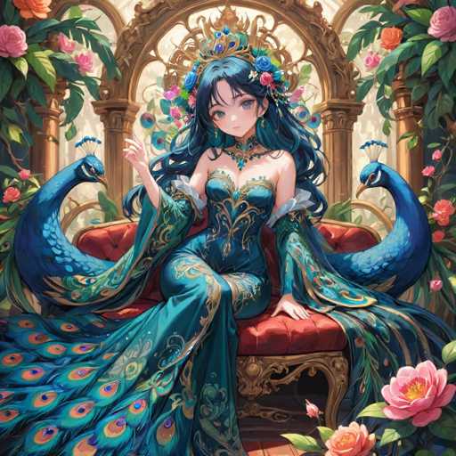 This detailed illustration features an anime-style woman seated on a luxurious red velvet chair adorned with gold trim. She is dressed in an elaborate, strapless blue gown embellished with intricate gold designs and a peacock feather pattern. Her long, flowing blue hair is adorned with flowers, and she wears a golden crown. The woman's large blue eyes and small nose are characteristic of anime art. She is holding her right hand up, as if waving, while her left hand rests on the chair. Flanking her are two blue peacocks, their heads turned towards her. The background showcases a grand, ornate setting with golden arches and columns, complemented by pink and orange flowers and lush greenery. The overall scene exudes a sense of regal elegance and fantasy.