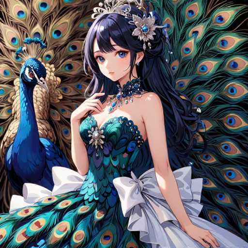 This image features a detailed, computer-generated anime-style drawing of a young woman with long, dark blue hair adorned with a silver flower and a crown. She has striking blue eyes and is wearing a strapless, green dress with a low neckline, embellished with silver flowers and blue jewels. The dress has a white bow at the waist and a full skirt that extends to the ground. Her right hand is raised near her chest, while her left hand rests on her dress. 

To her left stands a blue peacock with a white beak and a distinctive red eye, its head turned to the left. The peacock's feathers are a mix of blue and brown, with the brown feathers featuring blue eyes. The background is filled with peacock feathers, creating a harmonious blend of blue, green, and brown hues that complement the woman's attire.