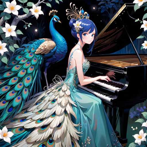 In this captivating image, a young woman with striking blue hair is seated at a black piano, her fingers gracefully poised over the keys. She is adorned in a stunning blue dress, intricately detailed with white feathers that cascade from her waist, adding an ethereal touch to her ensemble. Her hair is elegantly styled in a bun, accentuated by a delicate white flower. The scene is set against a dark, starry night sky, with a luminous moon casting a soft glow over the landscape. To her left, a majestic blue peacock with an impressive tail of white feathers tipped in blue stands proudly, its vibrant plumage contrasting beautifully with the night. The background is adorned with a tree branch bearing white flowers with yellow centers, adding a touch of natural beauty to the enchanting setting.
