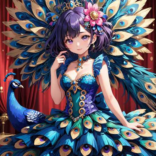 This detailed illustration features an anime-style girl with striking purple hair adorned with a pink flower. She is dressed in an elaborate blue outfit that includes a corset and a voluminous skirt, both embellished with peacock feathers. The peacock feathers are predominantly blue with hints of green, and the girl's dress is further accentuated by a choker necklace also decorated with peacock feathers. Her eyes are a vivid purple, and her expression is one of contemplation as she gazes directly at the viewer. 

To her left, a blue peacock with a distinctive crest on its head stands, adding to the regal and mystical atmosphere of the scene. The background is a rich red curtain, reminiscent of a theater setting, which enhances the dramatic and elegant feel of the illustration. The overall composition is vibrant and detailed, capturing the essence of a fantastical and enchanting world.