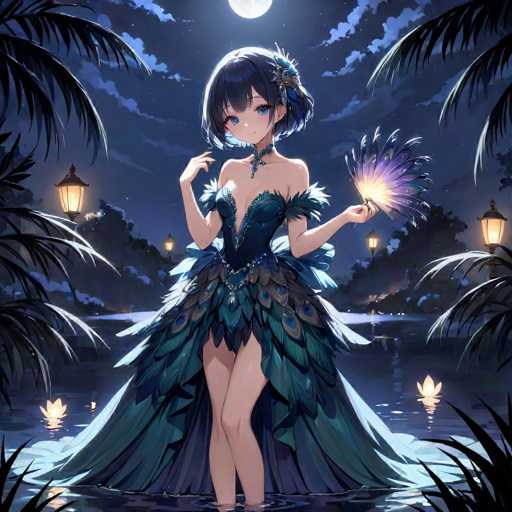 In this captivating image, a young woman stands gracefully in the center of a serene pond, her feet submerged in the tranquil water. She is adorned in a stunning, strapless dress that features a deep V-neckline and a short skirt. The dress is embellished with intricate peacock feathers, adding a touch of opulence to her ensemble. Her short, dark hair is elegantly styled, and she wears a delicate necklace that complements her outfit. In her left hand, she holds a fan, while her right hand is raised to her chin, exuding a sense of poise and elegance.

The background is a mesmerizing night scene, with a dark blue sky dotted with clouds. The moon is partially visible at the top of the image, casting a soft glow over the scene. Surrounding the pond are trees and bushes, their silhouettes adding depth to the composition. Lamps are strategically placed around the pond, illuminating the area and creating a magical ambiance. The water is adorned with floating flowers, their petals reflecting the moonlight and adding to the enchanting atmosphere. The overall scene is a harmonious blend of natural beauty and artistic elegance, capturing a moment of serene grace.