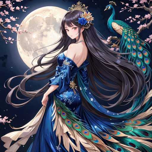 A woman with long dark hair is standing against a backdrop featuring a full moon and pink cherry blossoms. She is wearing a blue dress adorned with gold accents and a crown on her head. The image also includes a peacock in the background.