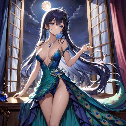 In this captivating image, a striking anime character stands poised in front of a large, open window, framed by elegant blue and red curtains. The character, with long, flowing black hair adorned with a delicate flower, exudes an air of mystery and allure. Her piercing blue eyes and the intricate jewelry on her head and neck add to her enchanting appearance. She is dressed in a revealing blue dress that accentuates her figure, featuring a daring slit up the side. The dress is embellished with a peacock feather design at the bottom, adding a touch of regal elegance. Her ensemble is completed with long, dangling earrings and a necklace that rests just above her chest. The character's pose is both graceful and confident, with one hand resting on the windowsill and the other extended outward. The scene is set against a backdrop of a starry night sky, with a full moon casting a soft glow, illuminating the cityscape below. The moonlight filters through the open window, casting a gentle light on the character's face and upper body, enhancing the ethereal atmosphere of the image.