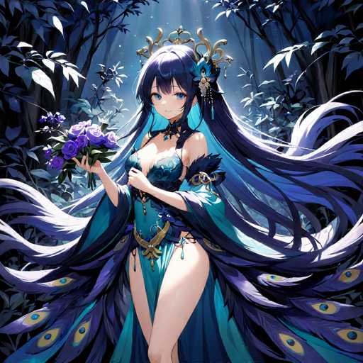 This detailed illustration depicts an anime-style female character standing in a lush forest. She has long, flowing blue hair adorned with a golden crown and a blue flower on the right side. Her large blue eyes and small mouth give her a serene expression. She is dressed in a revealing blue dress that features a deep V-neckline, a corset-like bodice, and a high slit on the left side, showcasing her bare legs. The dress is complemented by a cape-like garment with blue and purple feathers, some of which have yellow eyes with black pupils. In her right hand, she holds a bouquet of purple flowers. The background is filled with tall trees and dense foliage, with sunlight filtering through the canopy, casting a soft glow on the character. The overall scene exudes a mystical and enchanting atmosphere.