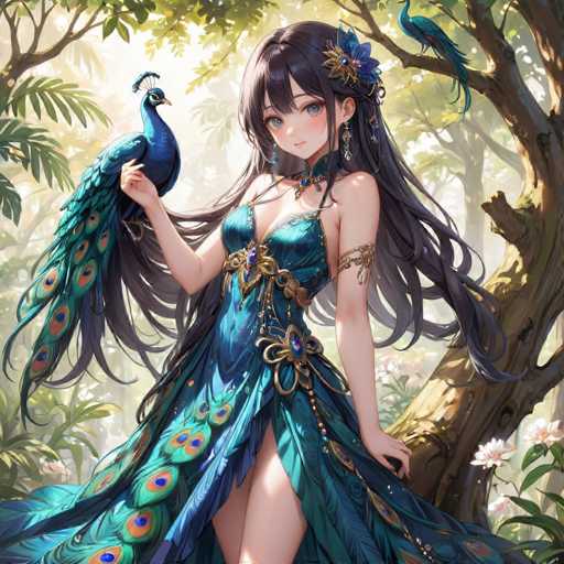 A young girl with long dark hair is standing in a forest surrounded by trees and flowers. She is wearing a blue dress adorned with gold accents and has a peacock perched on her shoulder. The girl's face is lit up with a smile as she gazes at the majestic bird.