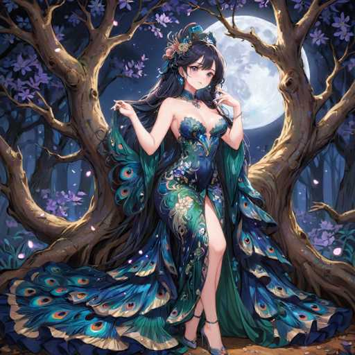 The image portrays a captivating anime-style illustration of a woman with long, flowing black hair adorned with flowers. She is elegantly dressed in a strapless gown that features a peacock feather design, predominantly in shades of blue, green, and gold. The dress is form-fitting, accentuating her figure, and has a high slit on the right side, revealing her leg. She is wearing high heels, adding to her graceful appearance.

The woman is standing in front of a large, gnarled tree with sprawling branches that extend in various directions. The tree is adorned with delicate purple flowers, adding a touch of color to the scene. Behind her, a full moon casts a soft glow, illuminating the dark blue night sky. The ground beneath her is a rich brown dirt, scattered with small pebbles and leaves, enhancing the natural setting.

The overall composition of the image is square, with the woman positioned centrally, drawing the viewer's attention to her serene and elegant presence against the mystical backdrop.