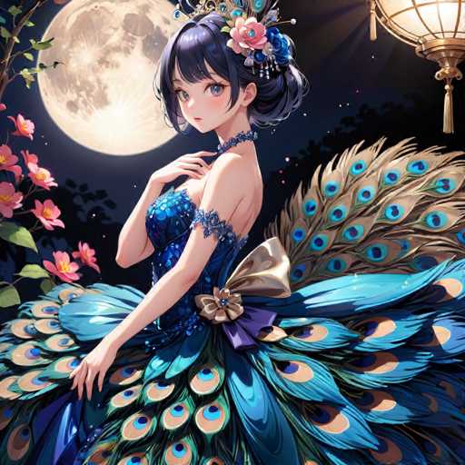 This detailed illustration depicts an anime-style female character with striking features. She has short, dark hair with bangs that frame her face, and her large, expressive eyes are a captivating shade of blue. Her skin is fair, and she wears a delicate, blue choker around her neck. The character is adorned in a stunning blue dress that features intricate lace details on the shoulders and a low back. The dress is voluminous, with a peacock feather design that adds an elegant touch. A large bow, colored in shades of purple and gold, accentuates the back of her dress. She stands with her hands gently touching her shoulders, exuding a poised and serene demeanor. The background is a dark, night sky illuminated by a large, luminous moon. To her left, a tree branch adorned with pink flowers and green leaves adds a touch of natural beauty to the scene.