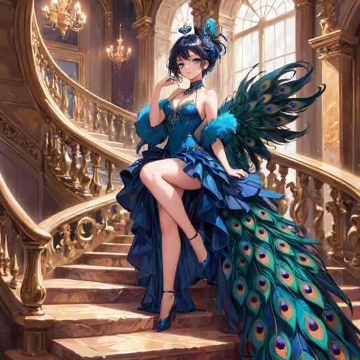 The image depicts a highly detailed, computer-generated anime-style illustration of a young woman seated on a grand, spiral staircase. The staircase, crafted from light brown marble, features an ornate golden railing adorned with intricate carvings of faces and flowers. The woman, with long black hair styled in a bun, is dressed in an elaborate blue gown that combines elements of a corset and a ball gown. The dress is low-cut, with puffy sleeves and a voluminous skirt that reveals her legs, complemented by blue high-heeled shoes. She accessorizes with a blue feathered headdress and a matching necklace. Her striking blue eyes and the peacock feathers extending from her back add to her ethereal appearance. The background showcases a large window with a golden frame, allowing natural light to illuminate the scene, enhancing the overall grandeur of the setting.