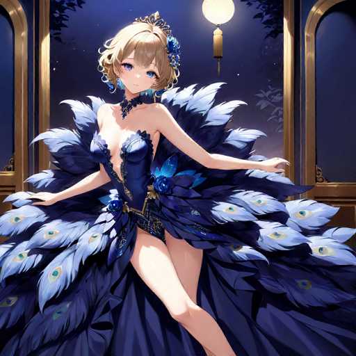 A beautiful woman with blonde hair and blue eyes is shown wearing a stunning blue dress adorned with peacock feathers. The dress has a train that flows behind her as she stands against the backdrop of a dark room with gold accents.