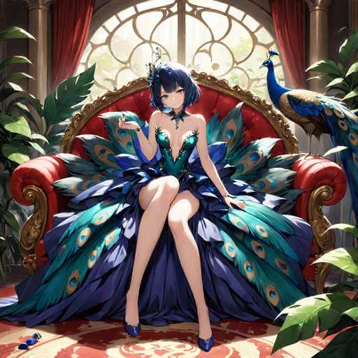 In this captivating image, a young woman with striking blue hair and matching blue eyes sits gracefully on a luxurious red velvet chair adorned with gold trim. She is dressed in an elaborate blue gown that features a deep V-neckline, revealing a hint of cleavage, and a voluminous skirt that fans out around her, embellished with peacock feathers in shades of blue and green. Her ensemble is completed with elegant blue high heels. The woman's right hand is raised in a poised gesture, while her left hand rests gently on the chair. She wears a delicate blue choker around her neck, adding to her regal appearance. 

To her right, a majestic peacock stands proudly, its vibrant plumage a perfect match for her attire. The peacock's head is a brilliant blue, transitioning to a brown body and ending in a tail that mirrors the peacock feathers on her dress. The scene is set against a backdrop of a large window with intricate gold trim, framed by rich red curtains. The floor beneath her is covered in a red and white carpet, adding to the opulent atmosphere. On the left side of the image, lush green plants add a touch of nature to this enchanting tableau.