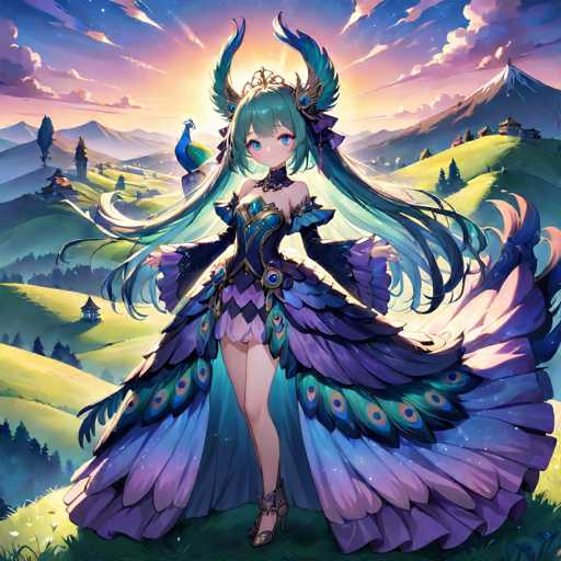 The image depicts a vibrant, anime-style illustration of a young woman standing in a lush, grassy field. She has long, flowing green hair that transitions to a lighter blue at the ends, and her hair is adorned with two feathered horns. Her striking blue eyes and small, delicate features give her a whimsical appearance. She wears a dark blue corset with purple accents, and her dress fans out around her like peacock feathers, displaying a beautiful gradient of purple, blue, and green hues. The dress is short in the front and long in the back, with a train that extends to the right side of the image. She is wearing high-heeled shoes, and her legs are visible beneath the dress.

In the background, a majestic mountain with a snow-capped peak rises on the right side of the image, while the left side features rolling hills dotted with small houses and trees. The sky above is a mesmerizing blend of blue, purple, and pink, with clouds that seem to glow from behind, adding to the ethereal atmosphere. A peacock is perched on a rock to her left, enhancing the natural beauty of the scene. The overall composition is rich in detail, creating a magical and enchanting visual experience.