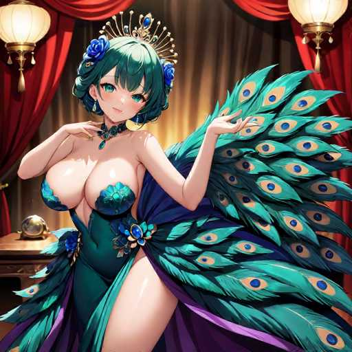 This detailed illustration depicts a striking anime-style woman with short green hair, adorned with blue flowers and a golden crown. She has large, expressive green eyes and is dressed in a revealing green outfit that accentuates her ample chest. The outfit features a unique design with a strap over her right shoulder, leaving her left shoulder bare. Her attire includes a green bra-like top and a matching green skirt that is cut high on her right leg, revealing her thigh. The skirt flares out dramatically at the back, resembling peacock feathers with blue and yellow eyes, adding a regal touch to her ensemble. She wears a choker necklace with a blue gem, complementing her outfit. The background is rich with a golden curtain and red drapes, enhancing the opulent atmosphere. A small table with a bell sits to her left, and two ornate lamps with gold bases and white shades are positioned in the upper corners of the image, completing the scene.