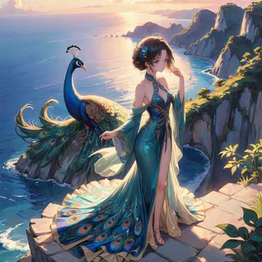 The image depicts a detailed, computer-generated scene reminiscent of an anime or manga style. At the center stands a young woman with brown hair styled in a bun, adorned with a blue flower. She is dressed in a striking blue dress that features a deep neckline, a high slit on the right side, and long sleeves that drape elegantly over her arms. The dress is embellished with intricate gold designs and has a flowing, white tail that extends behind her. She is wearing high heels and stands on a stone ledge.

To her left, a majestic blue peacock with a fan of tail feathers and a distinctive plume on its head perches on the same ledge. The peacock's feathers display a mix of blue and brown hues. The background reveals a serene body of water, possibly an ocean or a lake, with a rocky shoreline. The water is a light blue, and the sun's reflection creates a shimmering effect on its surface. The sky above is a blend of blue and pink, suggesting either a sunrise or sunset. On the right side of the image, there are more rocky cliffs with patches of green grass and plants. The overall scene is tranquil and picturesque, capturing a moment of serene beauty.