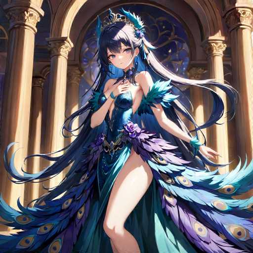 The image depicts a striking anime-style character, a young woman with long, flowing hair that transitions from dark blue at the top to a lighter shade towards the bottom. Her hair cascades down her back, with some strands appearing almost white. She is adorned in a revealing blue dress that features a deep neckline, leaving her shoulders and arms exposed. The dress is intricately designed with feathers, particularly around the chest area, and includes a peacock feather motif at the bottom. The character's pose is dynamic, with her right arm bent across her chest and her left arm extended outward. She has blue eyes and wears a delicate crown on her head. The background is a grand, ornate building with tall, light brown columns and a large stained glass window, adding to the majestic atmosphere of the scene.