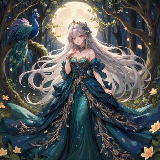 The image depicts a detailed, computer-generated anime-style illustration of a young woman with long, flowing white hair that cascades down to her waist. She is adorned in a dark blue, strapless dress that features intricate gold leaf patterns and blue gemstones. The dress has a low V-cut neckline and puffy sleeves that taper off into delicate, leaf-like designs. The woman is wearing a golden crown and a matching necklace, with a bracelet on her right wrist and a gold bracelet on her left wrist. She is holding the sides of her dress with both hands, revealing a glimpse of her leg through a slit in the fabric.

Her blue eyes are accentuated by her small mouth, and she appears to be looking slightly to the left. Behind her, a full moon casts a soft glow over the scene, illuminating the surrounding trees and foliage. To her left, a vibrant peacock with a blue body, green wings, and a tail adorned with yellow and blue feathers perches on a branch. The peacock also wears a small crown. The background is a serene forest with trees and flowers, adding to the enchanting and mystical atmosphere of the image.