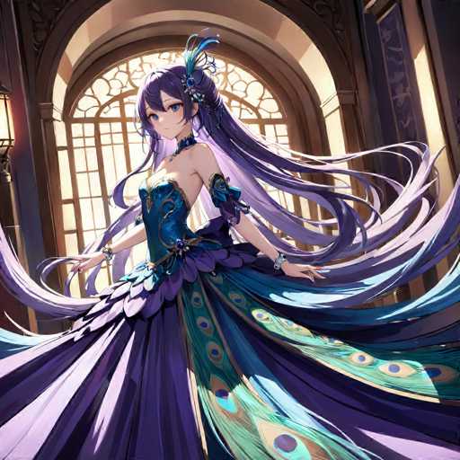 A woman with long purple hair is standing in a room with an archway and a window behind her. She is wearing a blue dress adorned with peacock feathers on the bodice and a matching blue headpiece. The woman's hair is styled in loose waves that fall around her shoulders, adding to the overall ethereal atmosphere of the scene.