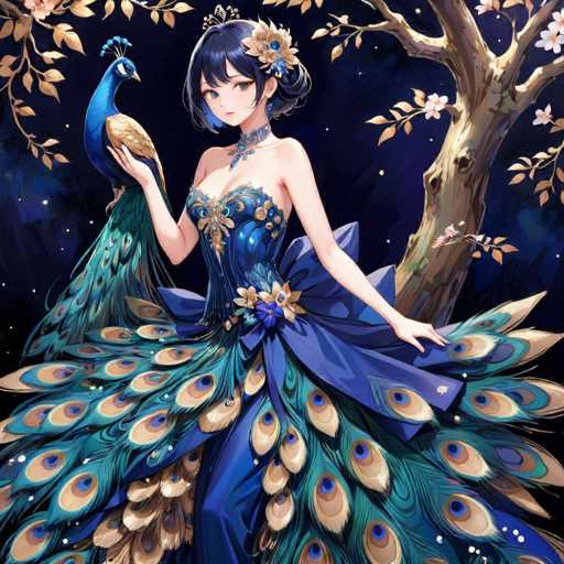 The image depicts a detailed, computer-generated anime-style drawing of a young woman with short, dark blue hair adorned with flowers. She is dressed in an elaborate, strapless blue gown that features a sweetheart neckline and a bustier-style bodice. The dress is accentuated with a large bow at the waist and a voluminous skirt that flares out dramatically, resembling peacock feathers in shades of blue and green. The woman is holding a blue peacock with brown wings and a brown beak in her right hand, which is raised to her chest. She stands in front of a tree with a brown trunk and branches, some of which are adorned with white flowers. The background is a dark blue, starry sky, adding a magical and ethereal quality to the scene.