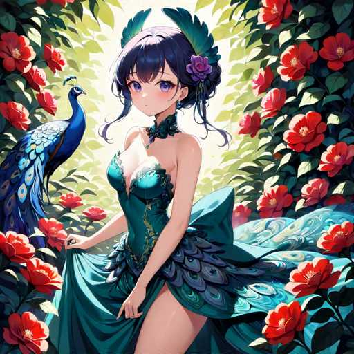 A young girl with blue hair and a green dress stands in front of a garden filled with red flowers, holding a flower in her hand. A peacock is perched on the left side of the image.