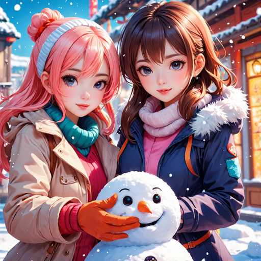 In this vibrant winter scene, two young anime girls are captured enjoying a snowy day. The girl on the left has striking pink hair adorned with a white headband featuring a red bow. She is dressed in a tan jacket over a pink sweater, complemented by a teal scarf and bright orange gloves. Her companion on the right has long brown hair and is wearing a blue jacket with a white fur-lined hood, a pink scarf, and a pink shirt. Both girls are smiling warmly at the camera. Between them stands a cheerful snowman with a carrot nose, black eyes, and a black mouth. The background reveals a picturesque winter wonderland with snow-covered roofs and buildings, a clear blue sky, and snowflakes gently falling from above. The ground is blanketed in snow, adding to the serene and festive atmosphere of the scene.