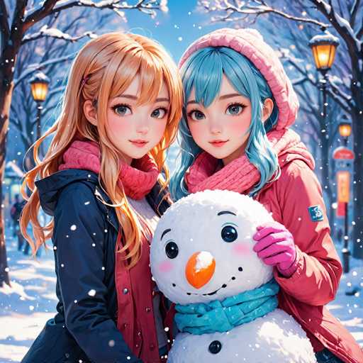 In this vibrant, AI-generated image, two anime-style girls are depicted standing in a snowy park. The girl on the left has long, wavy blonde hair and striking blue eyes. She is dressed in a blue jacket over a red shirt, complemented by a red scarf. Her companion on the right has long, wavy blue hair and matching blue eyes. She is adorned in a pink jacket, a pink scarf, and a pink hat. The blue-haired girl is holding a cheerful snowman with a big orange nose, black eyes, and a blue scarf. The background features a serene park scene with trees, streetlights, and a clear blue sky, all blanketed in snow. The overall composition exudes a whimsical and festive winter atmosphere.