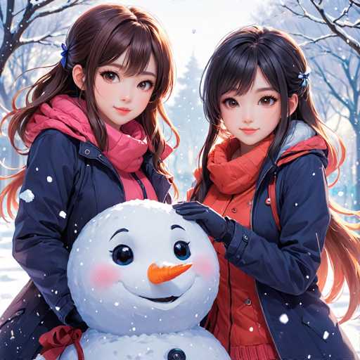 In this detailed, computer-generated image, two young girls are standing side by side, each with a hand gently placed on the head of a snowman positioned between them. The snowman, crafted with care, features a cheerful face complete with a carrot nose, black eyes, and a black mouth. A black button adorns its chest, and a red ribbon is tied around its neck, adding a festive touch.

The girl on the left has long brown hair adorned with a blue barrette. She is dressed in a pink scarf and a pink shirt, layered under a blue jacket. Her companion on the right has long black hair, also held back by a blue barrette. She wears a red scarf and a red shirt, similarly covered by a blue jacket. Both girls are dressed warmly for the winter scene.

The background reveals a serene, snowy landscape with trees dusted in white. A large, snow-covered pine tree stands prominently behind them, while other bare trees are scattered around, their branches heavy with snow. The ground is blanketed in a thick layer of snow, creating a picturesque winter wonderland.