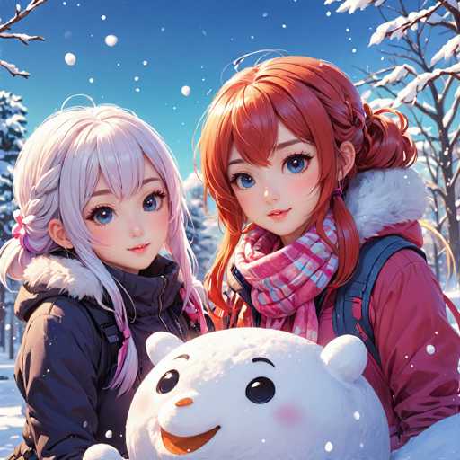 In this vibrant, cartoon-style image, two young anime girls are depicted in a snowy winter setting. The girl on the left has striking white hair and large blue eyes, complemented by a black jacket with a white fur-lined hood. She is smiling warmly at the camera. Beside her stands another girl with long, reddish-brown hair, also with large blue eyes. She is dressed in a pink jacket with a matching pink and white scarf, and a blue backpack rests on her shoulders. Between them sits a cheerful snowman with a big smile, black eyes, and a carrot nose. The background features a clear blue sky with snowflakes gently falling, and snow-covered trees frame the scene, adding to the wintry atmosphere.
