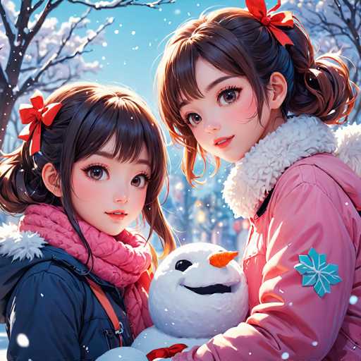 The image depicts two young girls with brown hair and red bows on their heads, standing together against a snowy background. The girl on the left is wearing a blue jacket and holding a snowman in her arms, while the girl on the right is wearing a pink coat and also has a snowman in her hands. 

The scene takes place outdoors during winter, with trees covered in snow visible in the background.