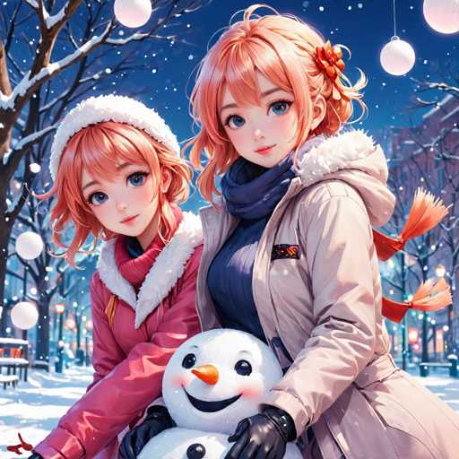 In this captivating winter scene, two anime-style girls are the focal point, set against a backdrop of a serene blue sky and gently falling snow. The girl on the left, with short, curly orange hair adorned with a white hat featuring a fluffy white rim, gazes directly at the viewer. She is dressed in a pink jacket with a white fur-lined hood, and a pink turtleneck sweater underneath. Her blue eyes and rosy cheeks add to her cheerful expression. 

To her right stands another girl, slightly taller, with her orange hair styled in a half ponytail, adorned with an orange flower. She wears a light brown jacket with a white fur-lined hood, a blue scarf, and black gloves. Her blue eyes and pink lips mirror the joy of her companion. 

Between them, a cheerful snowman with a black smile, black eyes, and a carrot nose adds a whimsical touch. The background features a row of leafless trees, each adorned with white snow, and a string of white lights hanging from the branches. The ground is blanketed in snow, and a bench can be seen on the left side, completing this picturesque winter wonderland.