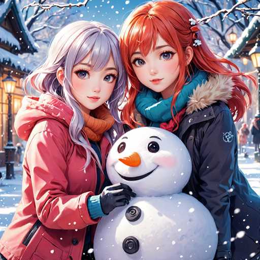 In this vibrant, square-shaped illustration, two anime-style girls are depicted standing side by side in a snowy winter setting. The girl on the left has striking grayish-blue hair and large, expressive blue eyes. She is dressed in a pink jacket with a hood, complemented by an orange scarf and black gloves. Her right hand rests gently on the head of a cheerful snowman positioned between them. The snowman features a black smile, black eyes, and a carrot nose, adding a whimsical touch to the scene.

To the right stands a girl with long, flowing red hair adorned with white flowers. She has equally large blue eyes and is dressed in a black jacket with a fur-lined hood, a blue scarf, and a red shirt peeking out from underneath. The background reveals a serene winter landscape with snow-covered ground, a tree branch extending into the top left corner, and a building with a snow-laden roof in the top right. The scene is further enhanced by the presence of a street lamp and a few people walking in the distance, adding depth and context to this charming winter tableau.