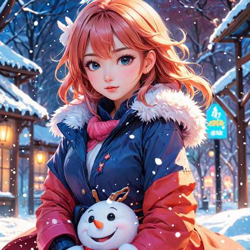 A young girl with red hair is holding a snowman and wearing a blue coat with white fur trim. The background shows a snowy street lined with buildings and trees covered in snow.
