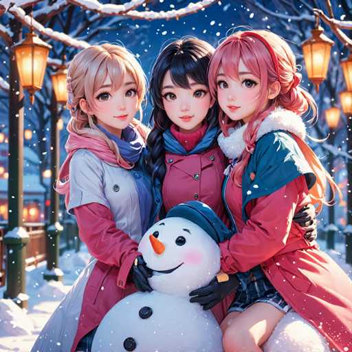 In this vibrant, anime-style illustration, three young girls are depicted in a winter wonderland setting. The girl on the left has blonde hair and is dressed in a white shirt layered over a pink long-sleeve shirt, complemented by a pink scarf. She wears a pink jacket over the ensemble. The girl in the middle sports black hair and is adorned in a pink turtleneck sweater, a blue scarf, and a pink jacket. The girl on the right has pink hair and is dressed in a blue jacket over a pink long-sleeve shirt. She also wears a skirt and black gloves. Both the girls on the left and right have their hands placed on a cheerful snowman, which features a blue hat, a black jacket, a carrot nose, and black eyes. The background is filled with snow-covered trees and a snowy ground, with lanterns hanging from the trees, adding a warm glow to the scene. The sky is a deep blue, indicating a nighttime setting, and snowflakes are gently falling, completing this picturesque winter scene.