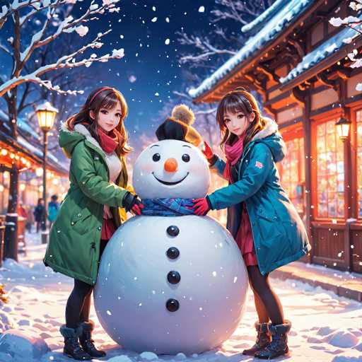 In this vibrant, cartoon-style illustration, two young Asian women are joyfully building a snowman in a bustling winter scene. The woman on the left sports a green coat, a red headband, a red scarf, a white shirt, a red skirt, black leggings, and black boots. Her companion on the right is dressed in a blue coat, a red scarf, a red skirt, black leggings, and black boots. Both women are smiling and looking directly at the viewer, with their hands placed on the snowman's body. The snowman itself is a cheerful creation with a large head, a big orange carrot nose, black eyes, a black smile, and a blue scarf. Its body is adorned with four black buttons. The background reveals a snowy street lined with buildings, street lamps, and a crowd of people, all under a dark blue sky filled with falling snowflakes.