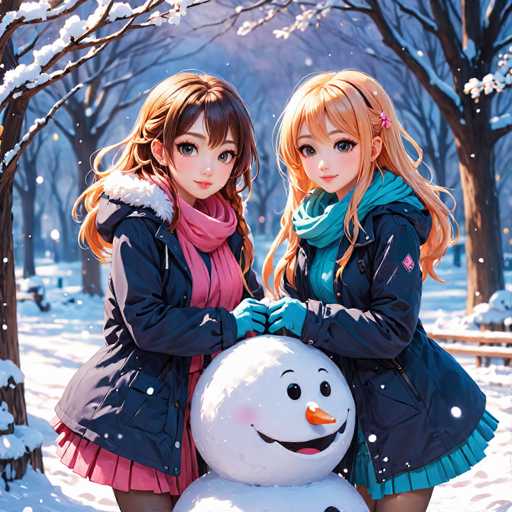 In this captivating winter scene, two young anime girls are joyfully building a snowman in a serene park. The girl on the left, with long brown hair, is dressed in a pink dress and a pink scarf, while her companion on the right has long blonde hair and wears a blue dress with a matching blue scarf. Both girls are wearing blue jackets and gloves, perfectly coordinated with their scarves. They stand side by side, smiling warmly at the camera, with their hands gently placed on the head of the snowman between them. The snowman, sporting a cheerful face with black eyes, a carrot nose, and a wide smile, adds a whimsical touch to the scene. The ground is blanketed in snow, and the background features a mix of bare trees and a few with snow-covered branches, creating a picturesque winter landscape. The overall atmosphere is one of joy and companionship, beautifully captured in this detailed and heartwarming image.