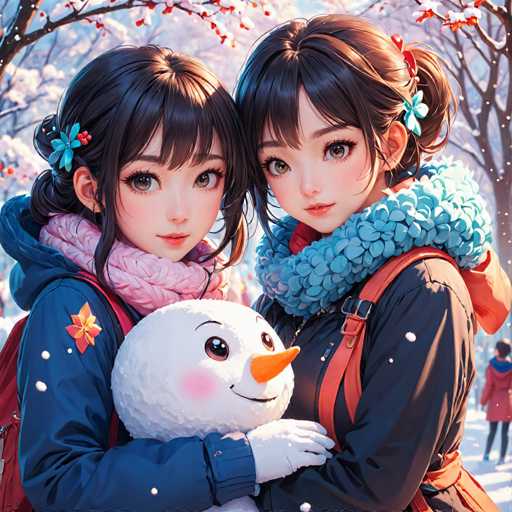 In this captivating winter scene, two young anime girls stand side by side, their heads gently touching, exuding warmth and camaraderie. The girl on the left is adorned in a pink scarf and a blue jacket, her black hair styled in pigtails with blue flowers and red berries accentuating her playful look. She cradles a cheerful snowman in her arms, its orange carrot nose and rosy cheeks adding a touch of whimsy. The girl on the right sports a blue scarf and a black jacket, her brown hair also tied back in pigtails, adorned with matching blue flowers. She wears a backpack with red straps, adding a pop of color to her ensemble. Both girls have large, expressive eyes and are gazing directly at the viewer, creating a sense of connection. The background is a serene winter wonderland, with snow gently falling and blanketing the ground. In the distance, a person in a red jacket and blue hood walks away, adding depth to the scene. The overall atmosphere is one of tranquility and joy, perfectly capturing the essence of a peaceful winter day.