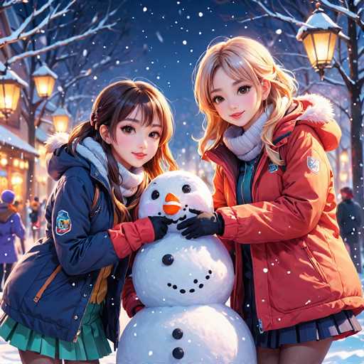 In this vibrant, cartoon-style illustration, two young girls are joyfully building a snowman in a snowy town at night. The scene is set against a backdrop of snow-covered trees and buildings, with warm lanterns casting a yellow glow from the streetlights. The sky is a deep blue, dotted with falling snowflakes.

The girl on the left has long brown hair tied in a ponytail and is dressed in a blue jacket with a fur-lined hood, a white turtleneck, a green skirt, and red gloves. She is smiling warmly at the camera. Her companion on the right has long blonde hair and is wearing a red jacket with a fur-lined hood, a gray scarf, a blue shirt, a black skirt, and black gloves. She is also smiling at the camera.

Together, they are adding finishing touches to their snowman, which features a black button nose, black eyes, an orange carrot nose, and a cheerful face made of black buttons. The scene captures the essence of winter fun and friendship amidst a picturesque, snowy setting.