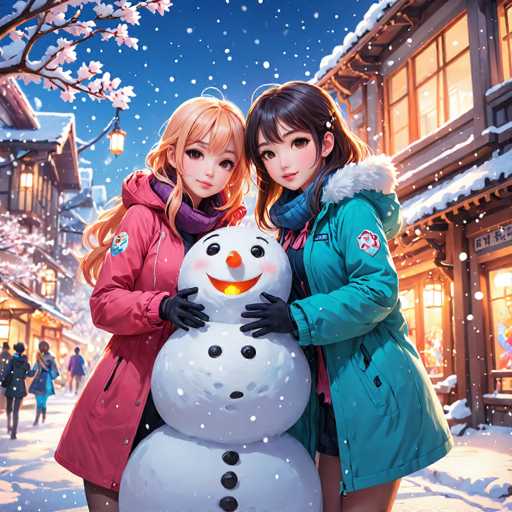 The image depicts two women standing next to a snowman on a snowy street. The woman on the left is wearing a pink coat and holding a small snowball, while her companion on the right is dressed in a blue jacket and also has a snowball in their hands. In the background, there are buildings with lights that illuminate the scene against the dark sky.