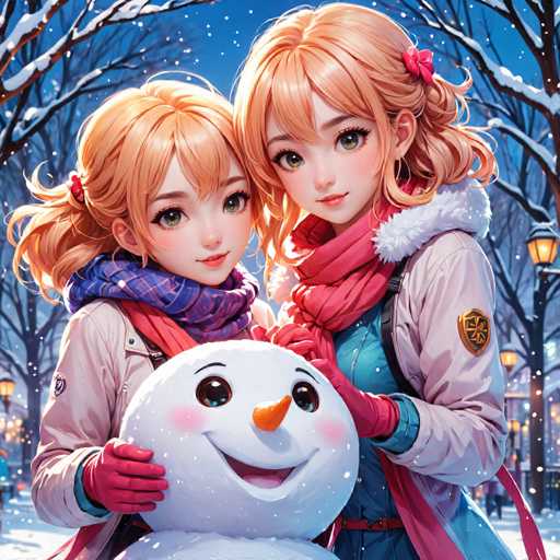 The image depicts two cartoon girls standing together and holding a snowman. The girl on the left is wearing a white coat with red stripes and pink gloves, while her companion on the right has blonde hair and is dressed in a blue jacket with a red scarf around her neck. They are positioned against a snowy background, which includes trees and street lamps.
