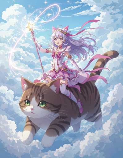 A girl with long hair and a pink dress is riding on top of a large cat wearing a white dress and holding a wand. The sky around them is filled with clouds, creating an ethereal atmosphere.