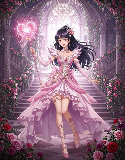 A captivating anime-style illustration features a young woman with long, flowing black hair adorned with a pink flower. She is dressed in an elaborate pink gown with intricate gold accents and a heart-shaped bodice. The dress is complemented by long gloves that extend to her elbows and crisscross laces on her legs. She stands gracefully on a staircase, surrounded by an abundance of pink and red roses that frame the scene. In her right hand, she holds a pink staff topped with a glowing pink heart, adding a mystical element to her ethereal presence.