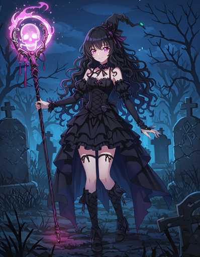 A young girl with long dark hair is walking through a graveyard at night. She is dressed in a black dress and a black hat adorned with purple flowers. The girl holds a wand in her right hand and a staff in her left hand. In the background, there are several gravestones scattered around the graveyard.