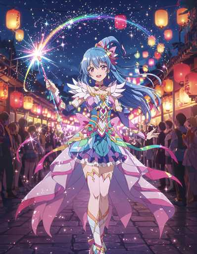 A vibrant anime-style illustration of a young girl in a dazzling, multi-layered magical girl outfit. She's holding a glowing wand with a rainbow-like starburst at the tip, and her long blue hair flows around her. She's surrounded by a crowd of people in the background, all illuminated by colorful lanterns lining the street. The overall atmosphere is festive and magical, with a focus on bright colors and sparkling effects.
